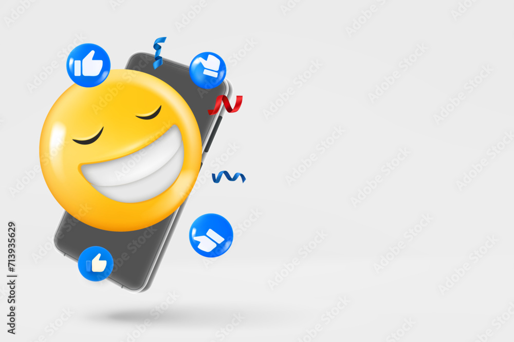 Poster modern smartphone with social media icons and laughing emoji with sunglasses. 3d vector banner with 