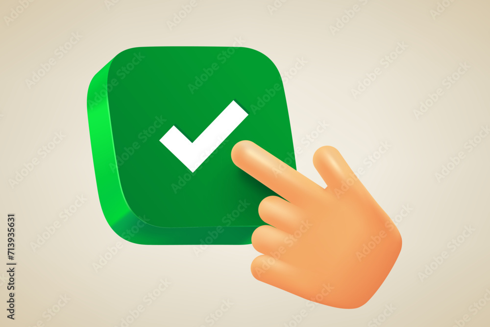 Aufkleber Hand pressing green button with checkmark. 3d vector illustration