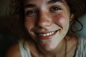 A close-up of a joyful individual with sun-kissed, freckled skin and a bright, healthy smile, eyes sparkling with happiness against a softly blurred background.