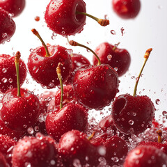 Fresh cherries falling in studio light