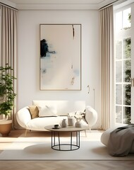 A white modern living room with a framed poster in front of a window, home mockup, 3d render. Generative AI.