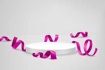 Bright room with podium and violet ribbons. Vector 3d illustration