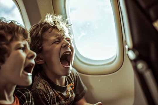 A young boy and girl sit in their seats, their faces contorted in terror as they peer out the window of the airplane, their clothing rumpled from the turbulence, while a toddler passenger next to the