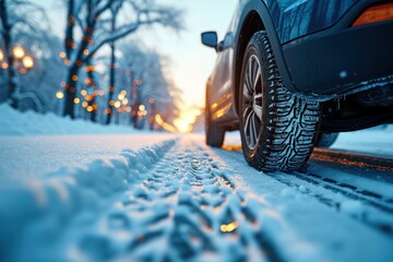car with tires running in the snow - obrazy, fototapety, plakaty