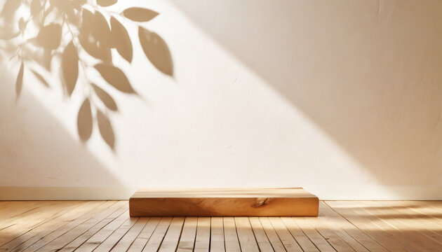 Original beautiful background image for presentations product with natural composition. Marble pedestal and wooden base against wall with shadow of tropical leaves