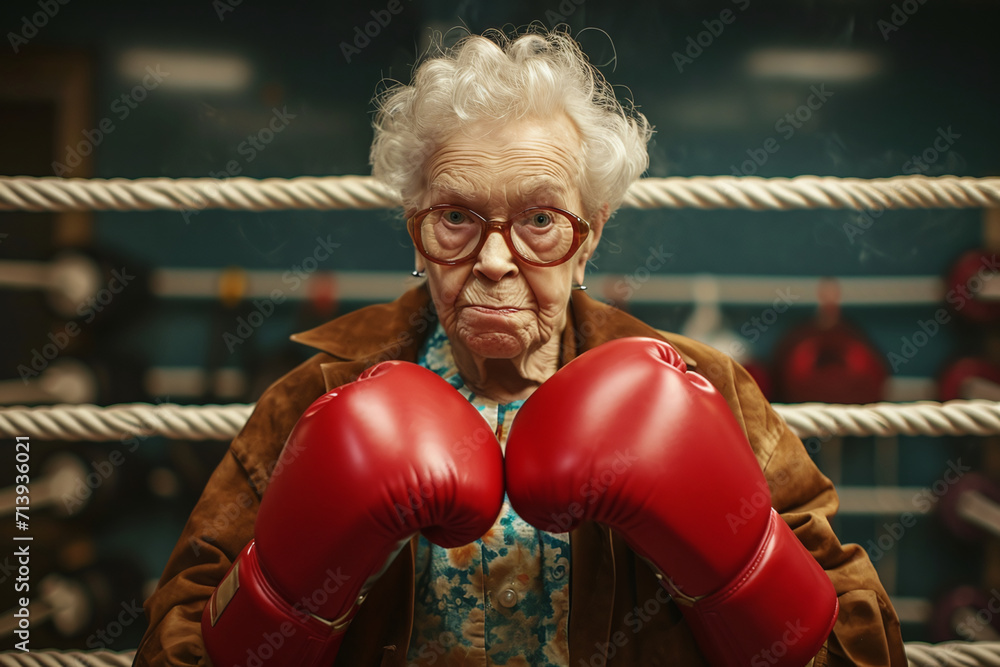 Wall mural An elderly woman with boxing gloves decided to fight in the ring