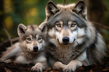 gray mother wolf with her cubs, litter cozy cuddles together in her burrow. wildlife, motherhood in animals. brood.