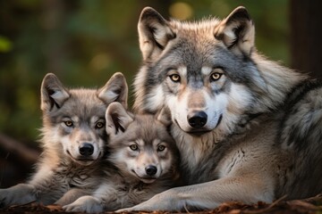 grey mother wolf with her young ones, cozy cuddles together in her lair. animal family, motherhood in animals. - obrazy, fototapety, plakaty
