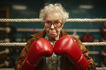 An elderly woman with boxing gloves decided to fight in the ring