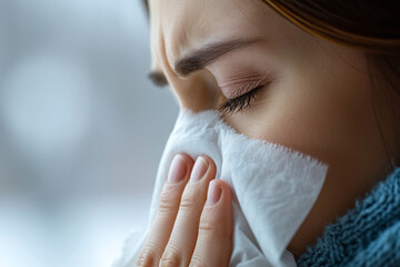 Close-up of a woman with a cold blowing her nose into a handkerchief, flu and other viral infections - obrazy, fototapety, plakaty