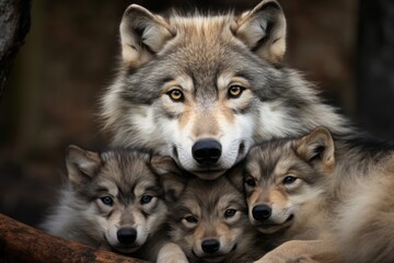 grey mother wolf with her young ones, cozy cuddles together in her lair. animal family, motherhood in animals. © Masquerade