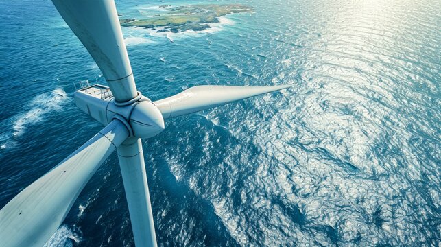 A majestic windmill stands tall, its propeller spinning in harmony with the sea breeze, as a plane glides overhead and sailboats dot the ocean in the background