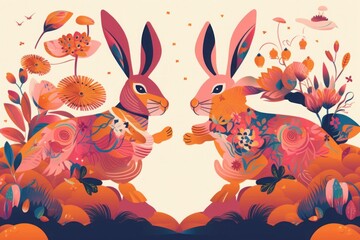 Fototapeta na wymiar Happy Chinese New Year 2023 illustration. Colourful design with decorative rabbits, Generative AI 