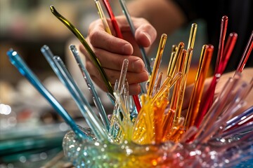 Hand of an artist carefully coloring a glass piece. High quality photo