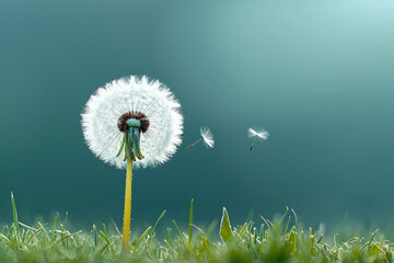 Dandelion flower on a blue background, the beginning of allergies with the arrival of spring. Banner - obrazy, fototapety, plakaty