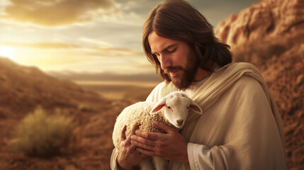 Jesus Christ holds a little lamb in his hands. A caring shepherd saves one lamb.