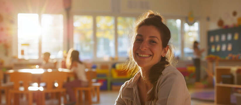 smiling educator working at playschool