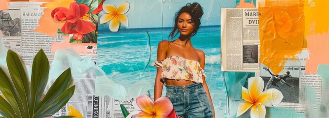 Tropical summer mood board with a stylish woman in floral fashion, vintage cut-and-paste elements, and vibrant frangipani flowers against a collage of ocean scenes and greenery.