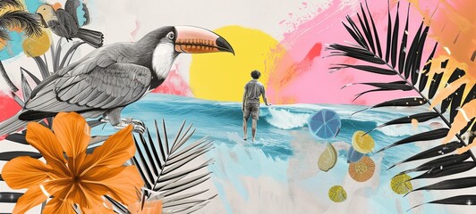 Vibrant vintage collage with a toucan, tropical flowers, and a contemplative man at sea against a whimsical backdrop of sunset colors and palm fronds.