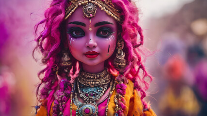 Fototapeta na wymiar Indian woman colourful holi festival celebration tradition