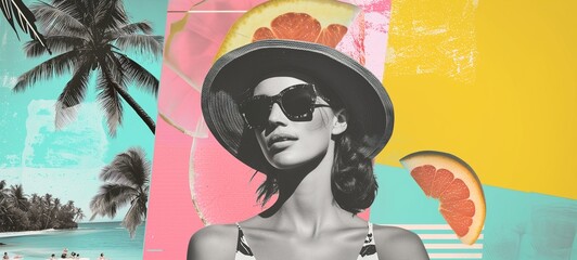 Panoramic vintage collage featuring a stylized woman in classic beach glamour against a backdrop of palm trees, citrus fruit, and bold summer colors, blending retro and pop-art elements.
