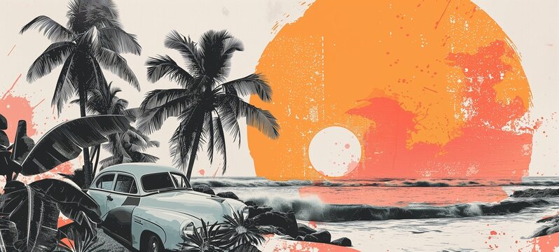 Panoramic vintage art of a tropical sunset with silhouetted palm trees and a classic car by the beach, in a warm orange and blue color palette. Perfect for a retro summer vibe.