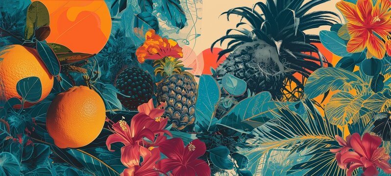Lush tropical collage with vibrant fruits and red hibiscus set against a radiant sun and palm fronds in a vintage cut-and-paste style, perfect for conveying warm, abundant summer vibes.