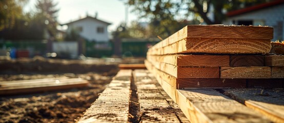 A towering stack of lumber stands tall against the clear blue sky on a bustling construction site, surrounded by the natural elements of trees and the rugged ground, while a nearby train track hints  - obrazy, fototapety, plakaty