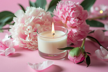 Fototapeta na wymiar Aromatherapy with burning candle, peony flowers on pink background