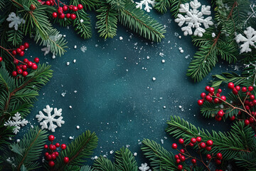 Holiday, Christmas background with snowflakes, pine tree and mistletoe branches
