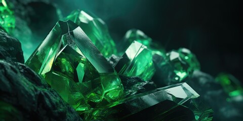 Green Crystals on Dark Background. A Closeup View of Nature's Mining Beauty 