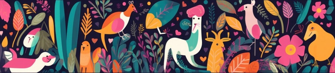Animals big collection. Animals of Brazil.  colorful set of  illustrations with tropical flowers, leaves, monkey, flamingo, anteater and birds. Brazil tropical pattern.  Rio de janeiro, Generative AI  - obrazy, fototapety, plakaty