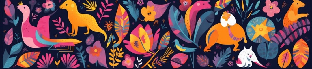 Animals big collection. Animals of Brazil.  colorful set of  illustrations with tropical flowers, leaves, monkey, flamingo, anteater and birds. Brazil tropical pattern.  Rio de janeiro, Generative AI  - obrazy, fototapety, plakaty