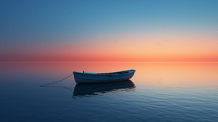 Naklejka premium Orange Horizon Over a Tranquil Evening Sea with a Boat Sailing into the Dusk Sky.