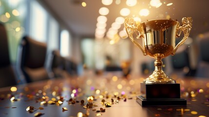 A gleaming gold winners trophy cup takes center stage amidst a shower of vibrant celebration confetti and sparkling glitter, symbolizing success and achievement in a professional office setting.