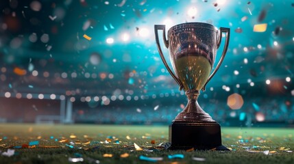 A gleaming winners trophy cup takes center stage, surrounded by a shower of vibrant celebration confetti and sparkling glitter, set against the backdrop of a packed sports stadium.