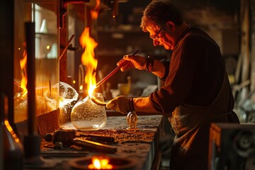 A glassblower inflating molten glass through a blowpipe, a traditional glassblowing studio with glowing furnaces, action shot capturing the motion and intensity of the craft.