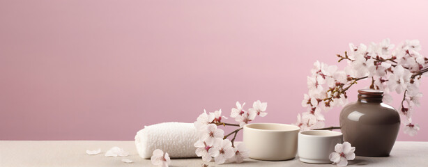 spa products on white table with fresh flower buds isolated on pink background, in the style of...