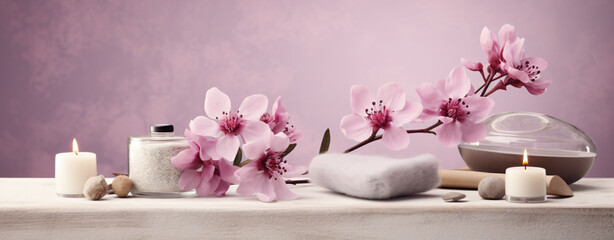 Obraz na płótnie Canvas spa products on white table with fresh flower buds isolated on pink background, in the style of dark beige and gray, cherry blossoms, use of paper, dark violet and beige