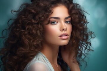 Naklejka premium a curly-haired girl with a lush chic hairstyle laid on a mint background. concept: hair care, youth and beauty.