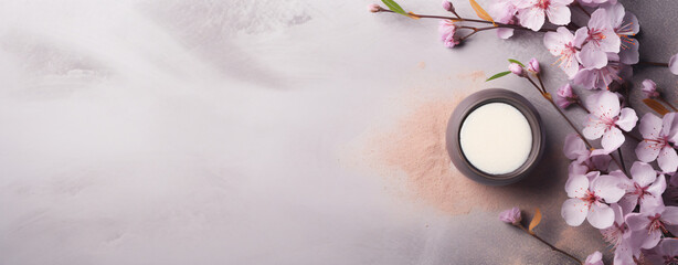 spa products on white table with fresh flower buds isolated on pink background, in the style of dark beige and gray, cherry blossoms, use of paper, dark violet and beige - obrazy, fototapety, plakaty