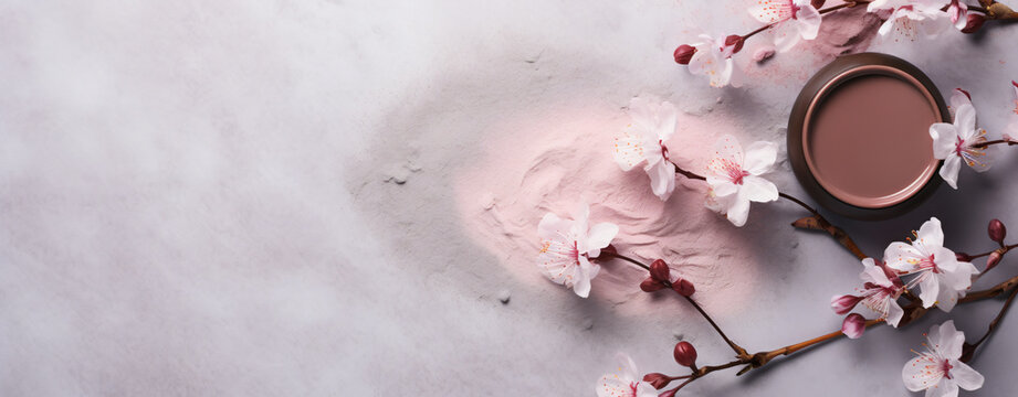 spa products on white table with fresh flower buds isolated on pink background, in the style of dark beige and gray, cherry blossoms, use of paper, dark violet and beige