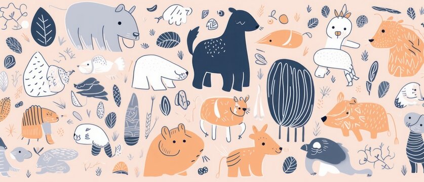 Abstract doodles. Baby animals pattern. Fabric pattern.  illustration with cute animals. Nursery baby pattern illustration, Generative AI 
