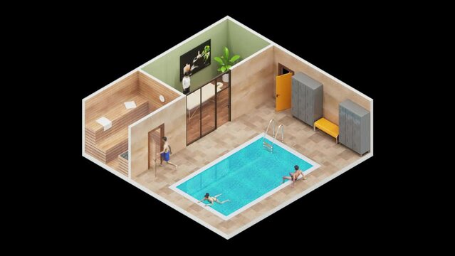 Spa and Wellness center in 3d Isometric Style. Loop Animation. Alpha Channel