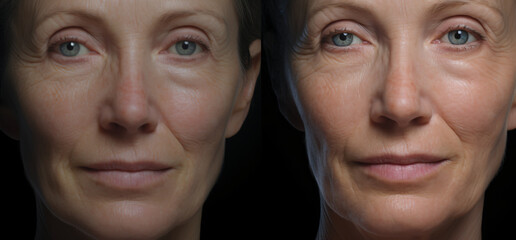 before/after facial wrinkle removing, in the style of selective focus, shaped canvas, wimmelbilder, irregular organic forms, bio-art, portrait
