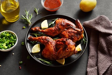 Grilled half chicken with lemon and rosemary