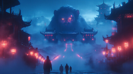 Enigmatic Giant Monkey Looming over Illuminated Ancient City at Night