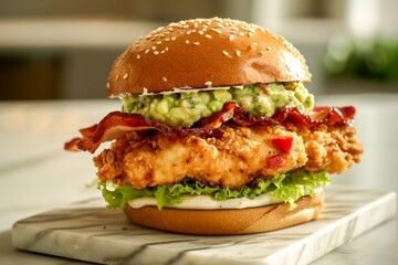 Indulge in the ultimate fast food experience with this mouthwatering american burger, stacked high with crispy bacon, creamy guacamole, and all the fixings on a toasted bun