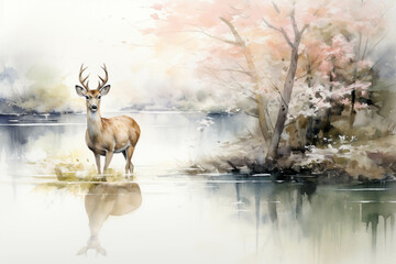 Deer roam in the forest Magnificent scene of natural beauty created in watercolor.