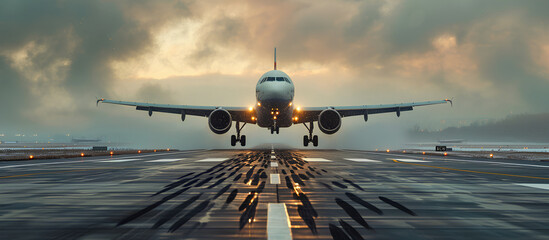 an airplane takes off from the end of the runway - obrazy, fototapety, plakaty